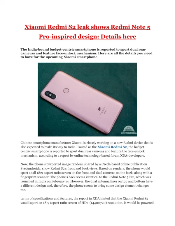 Xiaomi Redmi S2 leak shows Redmi Note 5 Pro-inspired design: Details here