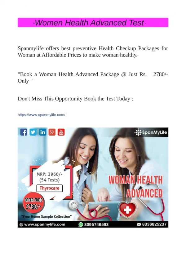 Woman Health Advanced Package @ Just Rs. 2780/-Only