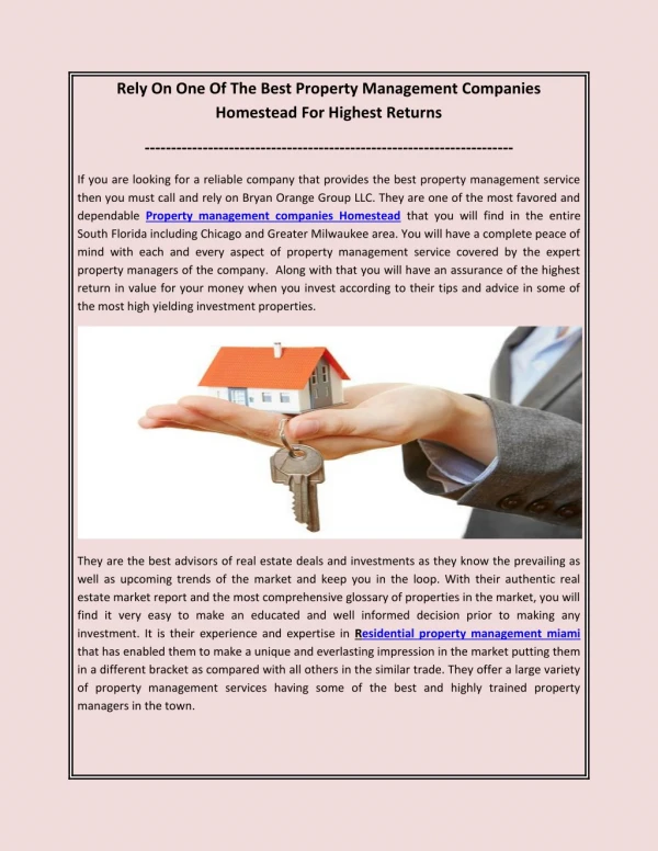 Rely On One Of The Best Property Management Companies Homestead For Highest Returns