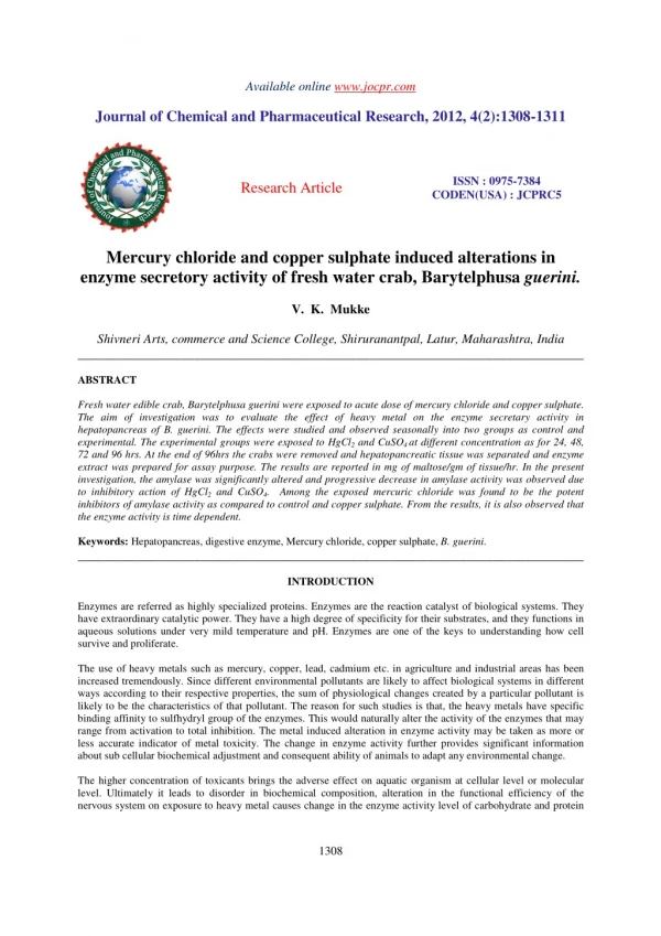 Mercury chloride and copper sulphate induced alterations in enzyme secretory activity of fresh water crab, Barytelphusa