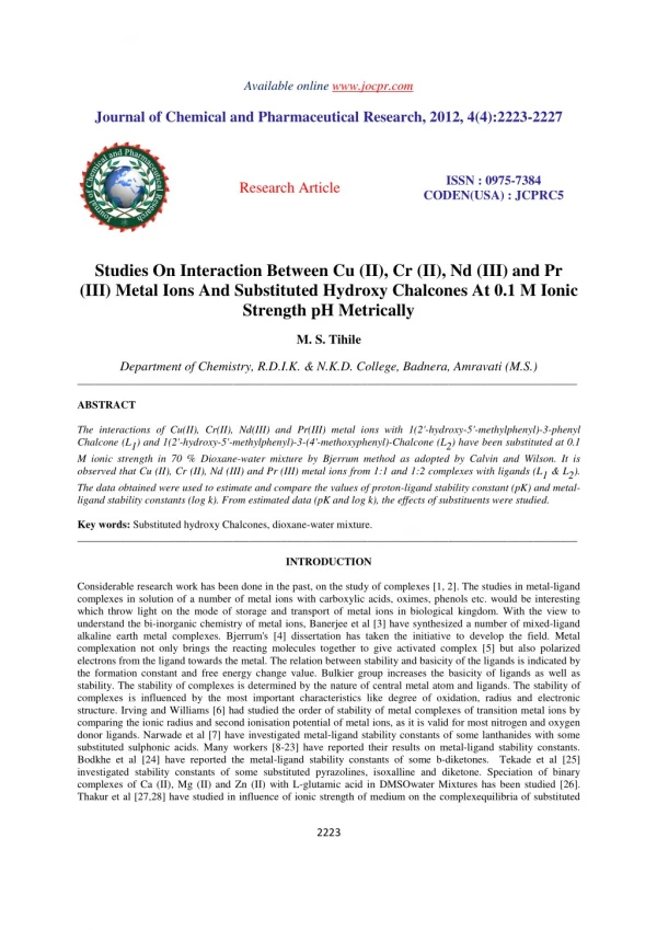 Studies On Interaction Between Cu (II), Cr (II), Nd (III) and Pr (III) Metal Ions And Substituted Hydroxy Chalcones At 0