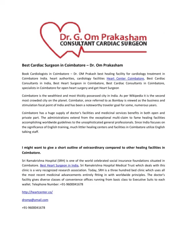 Best Cardiac Surgeon in Coimbatore – Dr. Om Prakasham