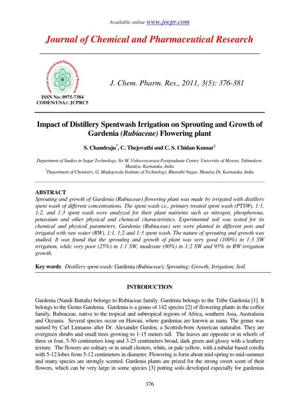 Impact of Distillery Spentwash Irrigation on Sprouting and Growth of Gardenia (Rubiaceae) Flowering plant
