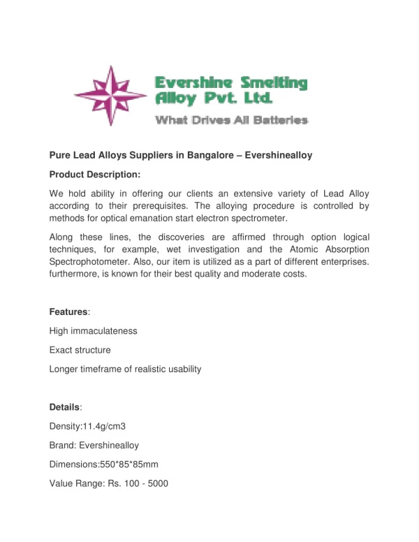 Pure Lead Alloys Suppliers in Bangalore – Evershinealloy