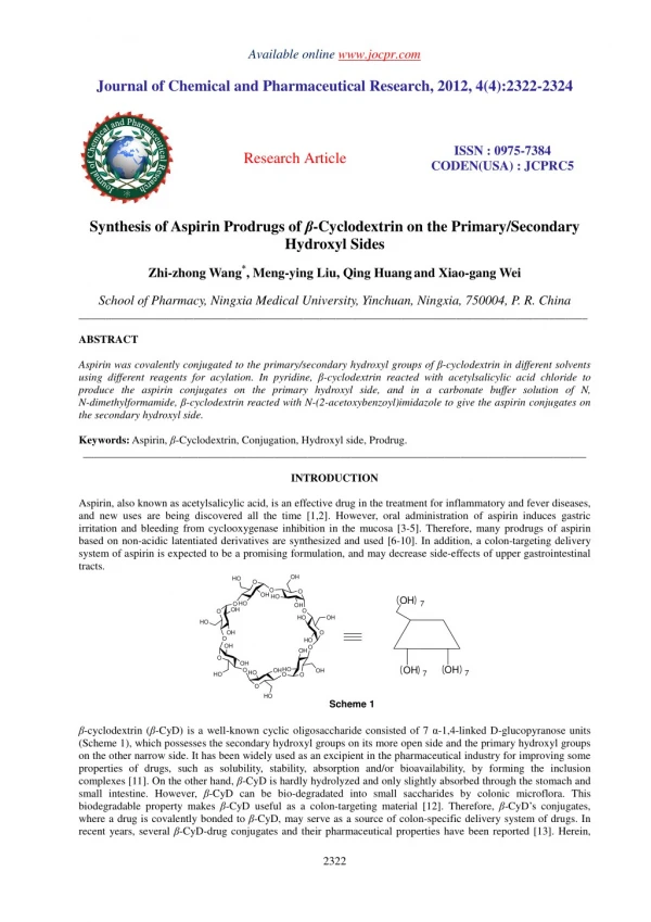 Synthesis of Aspirin Prodrugs of β-Cyclodextrin on the Primary/Secondary Hydroxyl Sides