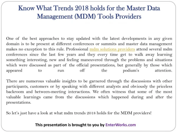 Know What Trends 2018 holds for the Master Data Management (MDM) Tools Providers