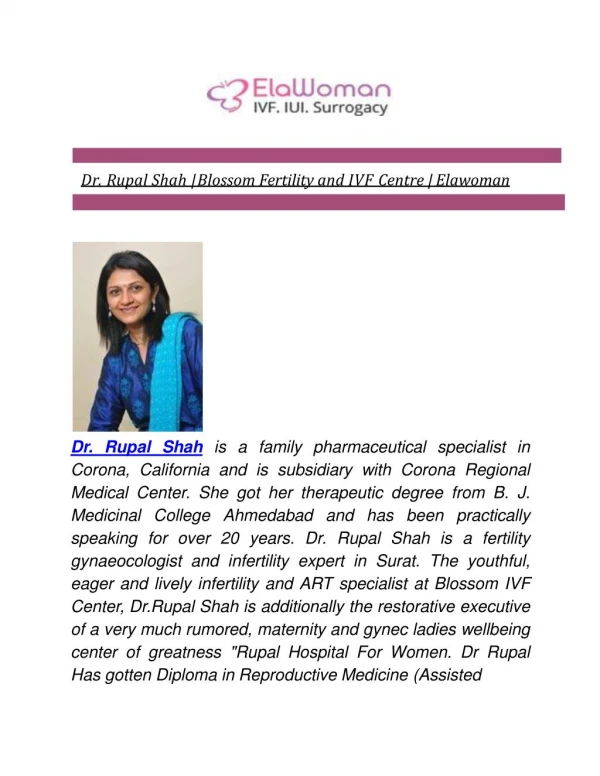 Dr. Rupal Shah | Blossom Fertility and IVF Centre | Elawoman