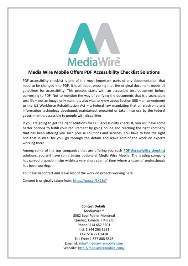 Media Wire Mobile Offers PDF Accessibility Checklist Solutions