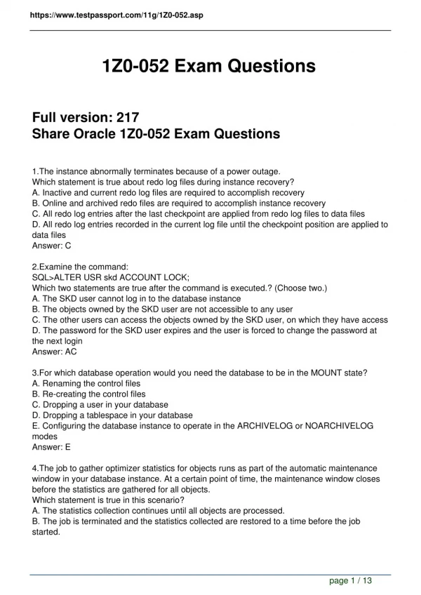 Testpassport Oracle 1Z0-052 Questions and Answers