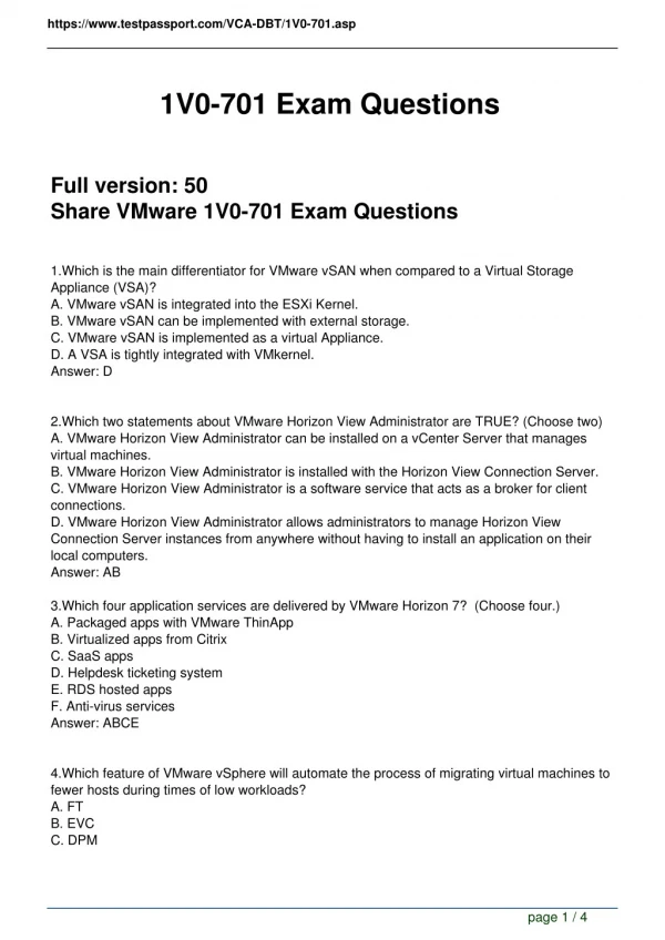 Testpassport VMware 1V0-701 Real Exam Questions