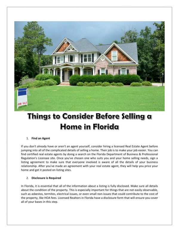 Things to Consider Before Selling a Home in Florida