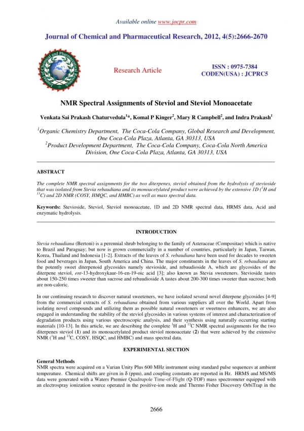 NMR Spectral Assignments of Steviol and Steviol Monoacetate