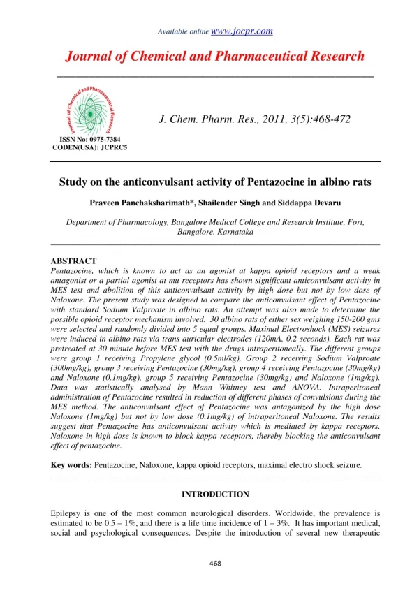 Study on the anticonvulsant activity of Pentazocine in albino rats