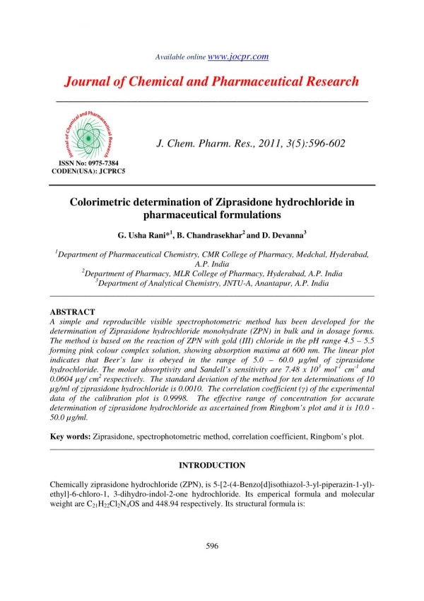 Colorimetric determination of Ziprasidone hydrochloride in pharmaceutical formulations