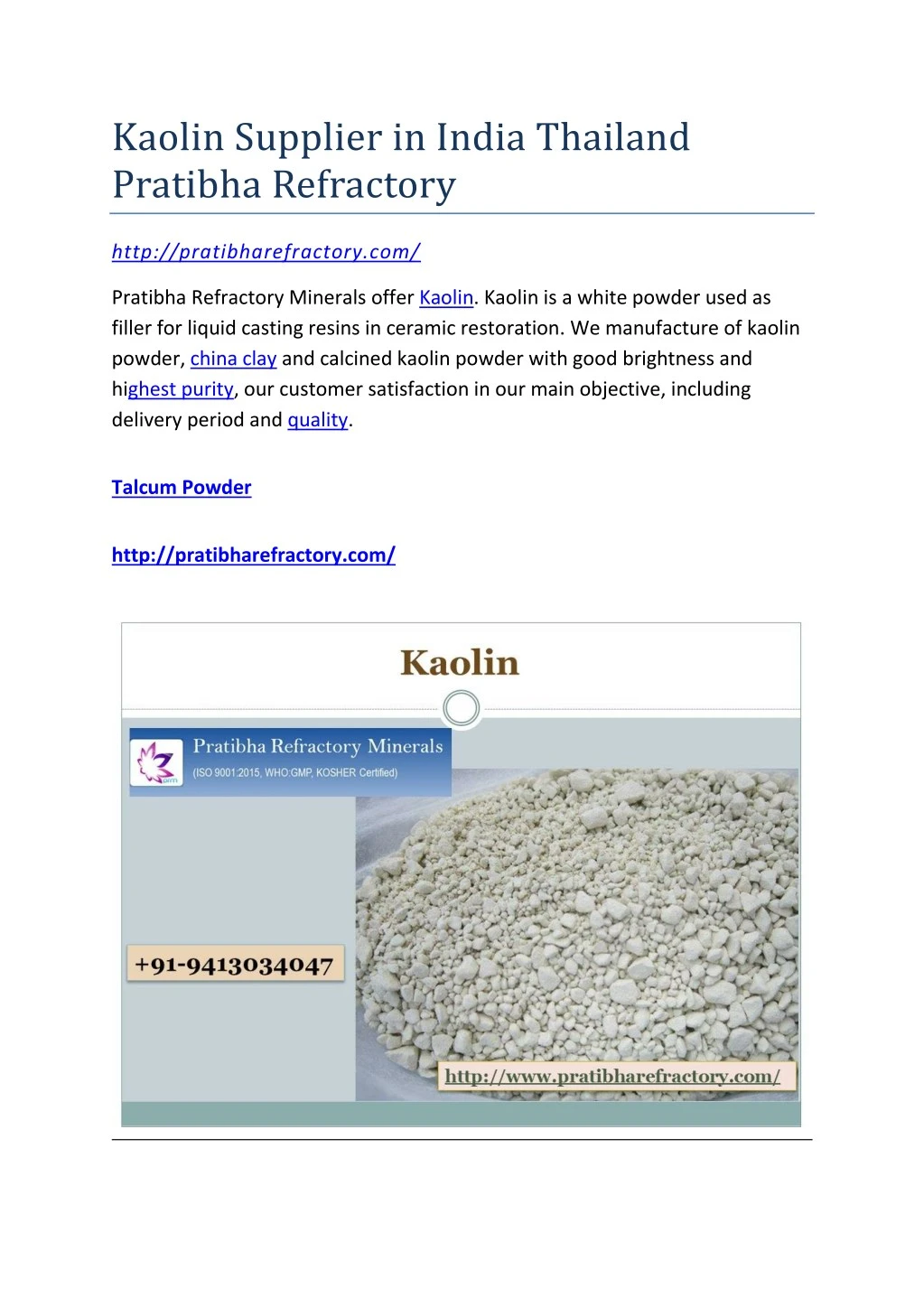 kaolin supplier in india thailand pratibha