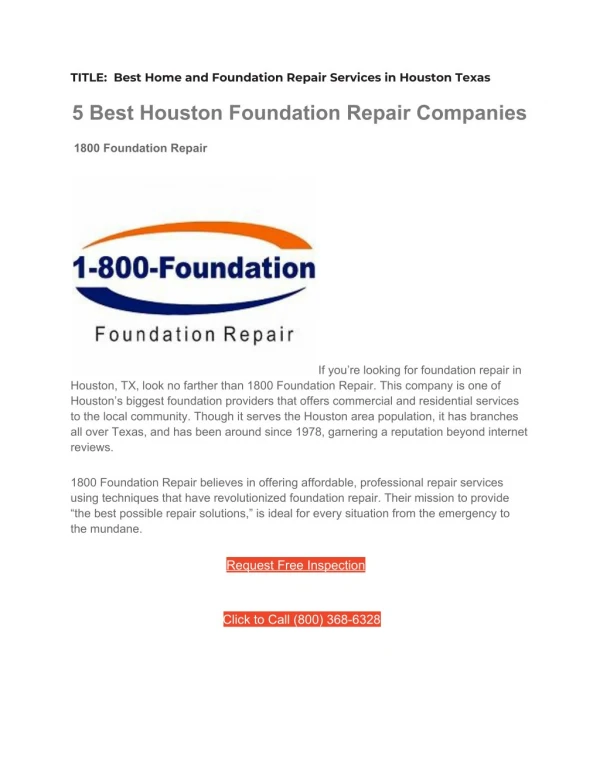 1800Foundation Repair for Houston Texas Residents