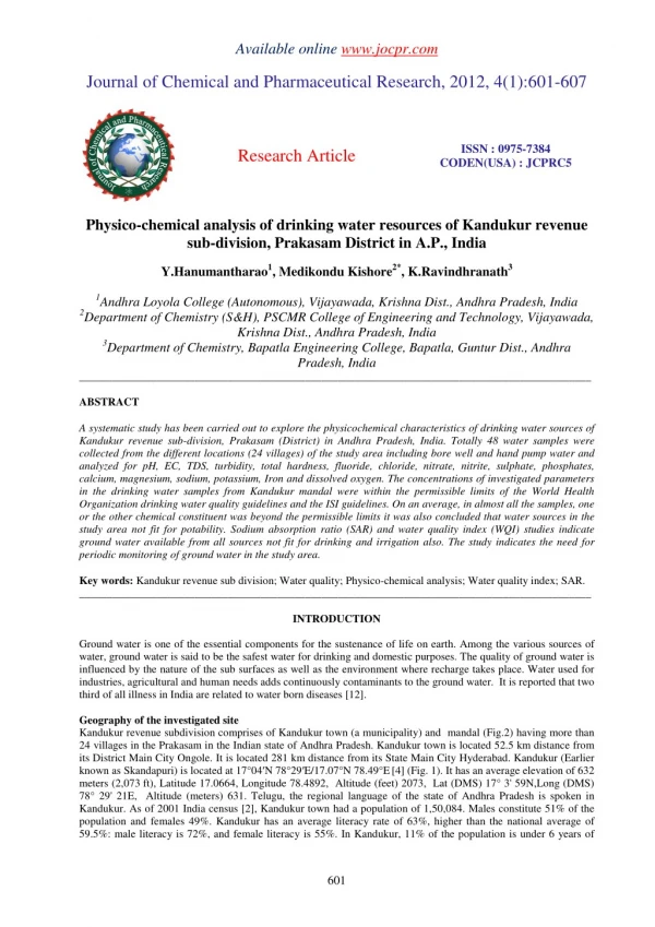 Physico-chemical analysis of drinking water resources of Kandukur revenue sub-division, Prakasam District in A.P., India