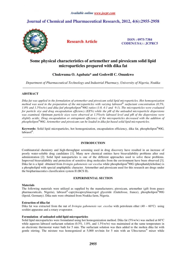 Some physical characteristics of artemether and piroxicam solid lipid microparticles prepared with dika fat