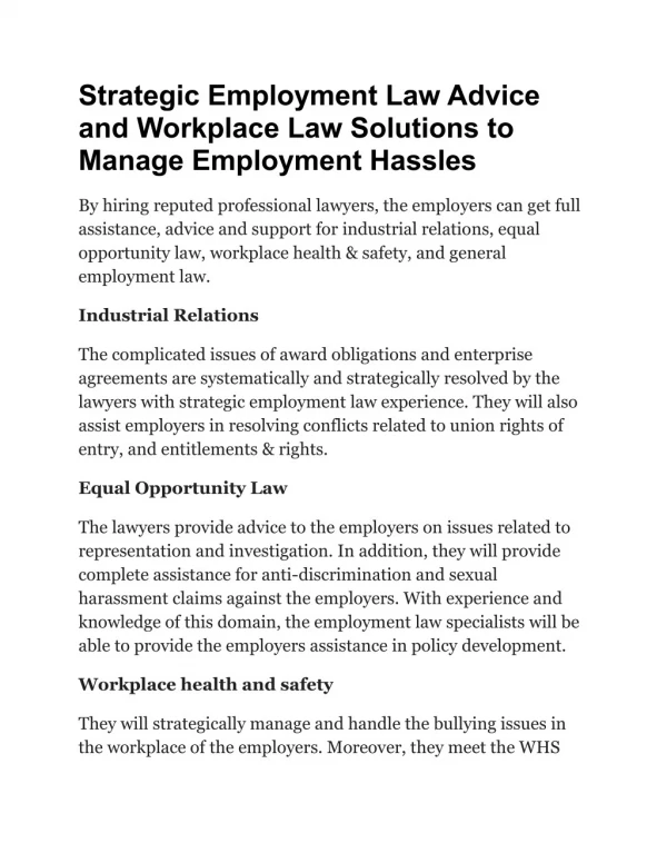 Strategic Employment Law Advice and Workplace Law Solutions to Manage Employment Hassles