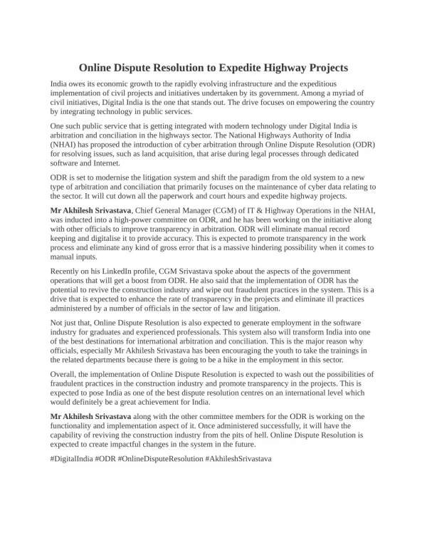 Online Dispute Resolution to Expedite Highway Projects