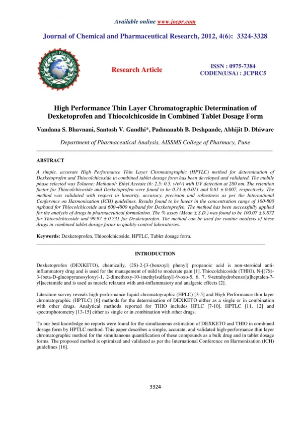 High Performance Thin Layer Chromatographic Determination of Dexketoprofen and Thiocolchicoside in Combined Tablet Dosag