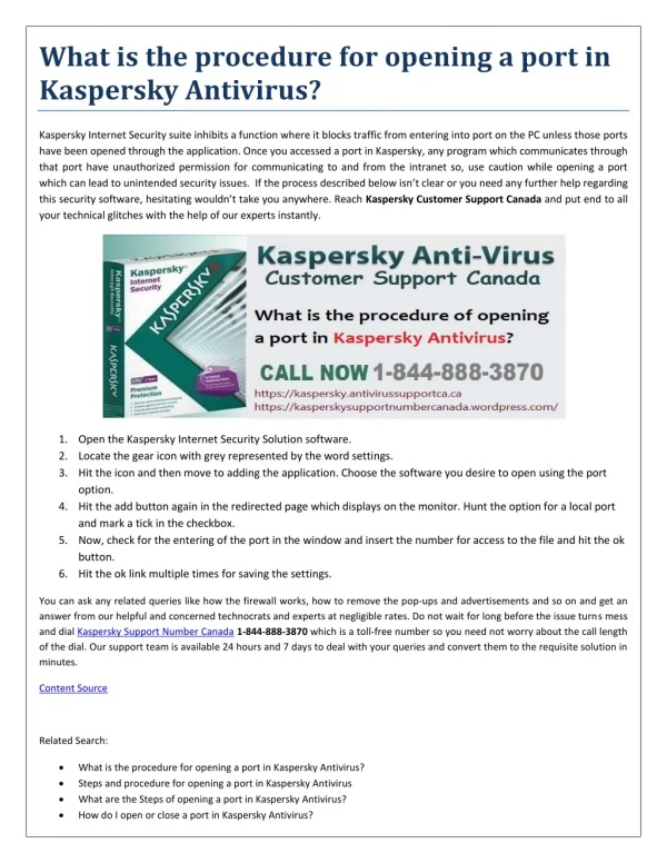 What is the procedure for opening a port in Kaspersky Antivirus?