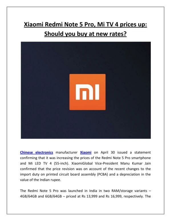 Xiaomi Redmi Note 5 Pro, Mi TV 4 prices up: Should you buy at new rates? | Business Standard News