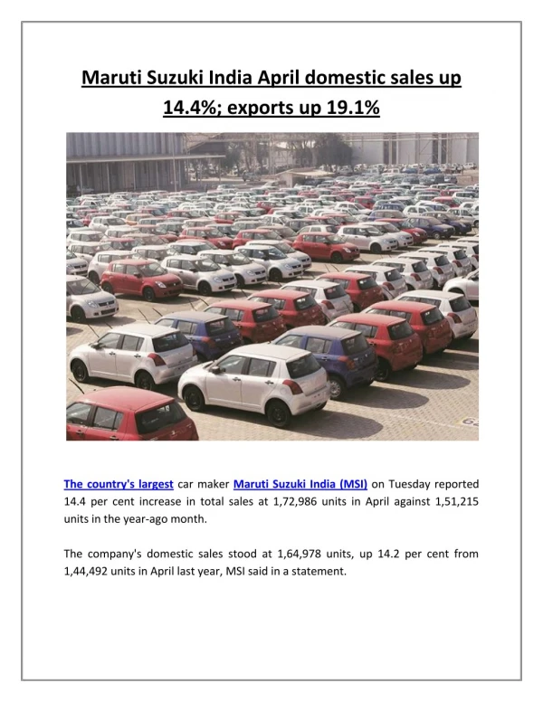 Maruti Suzuki India April domestic sales up 14.4%; exports up 19.1% | Business Standard News