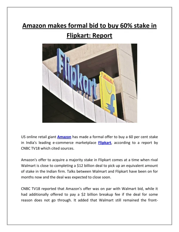 Amazon makes formal bid to buy 60% stake in Flipkart: Reports | Business Standard News