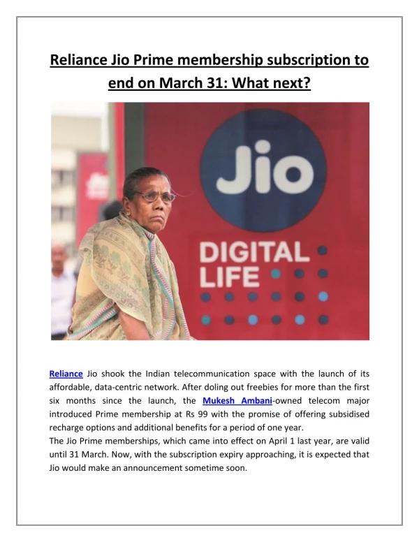 Reliance jio prime membership subscription to end on march 31 what next