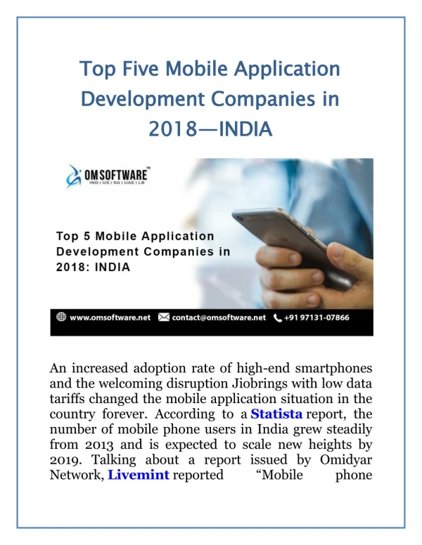 Top Five Mobile Application Development Companies in 2018 - INDIA