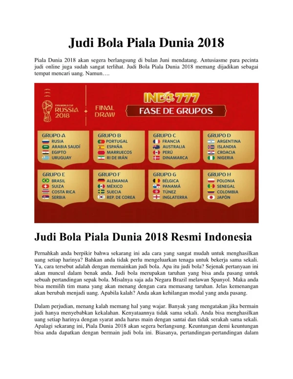 Judi Bola Piala Dunia 2018