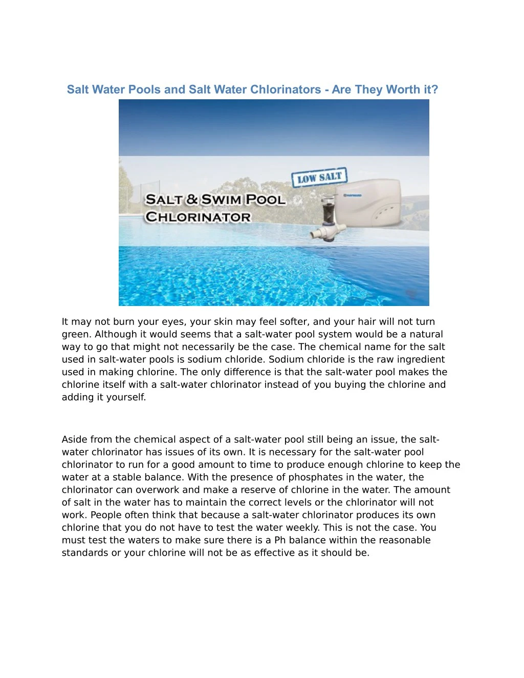 salt water pools and salt water chlorinators
