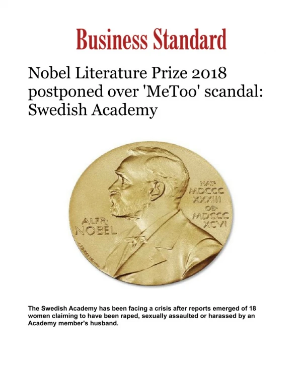 Nobel Literature Prize 2018 postponed over 'MeToo' scandal: Swedish Academy