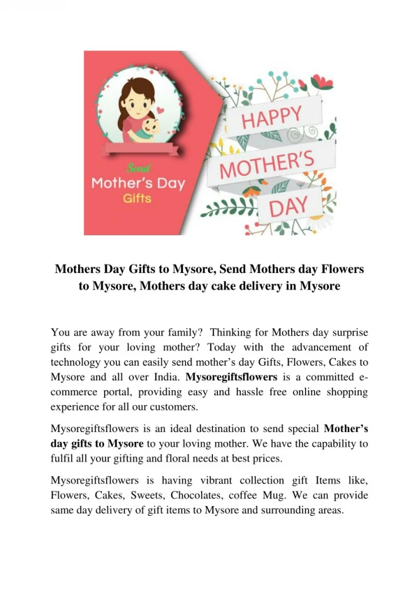 Mothers Day Gifts to Mysore, Send Mothers day Flowers to Mysore, Mothers day cake delivery in Mysore
