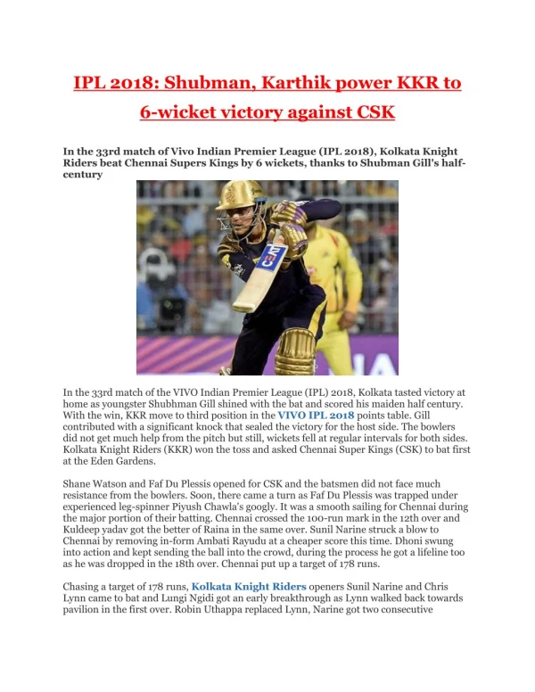 Ipl 2018 shubman, karthik power kkr to 6 wicket victory against csk