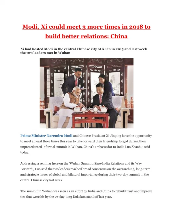 Modi, Xi could meet 3 more times in 2018 to build better relations - China