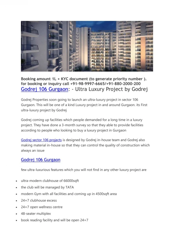 godrej 106 gurgaon for booking call 91-9899976665