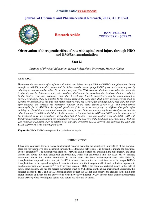 Observation of therapeutic effect of rats with spinal cord injury through HBO and BMSCs transplantation