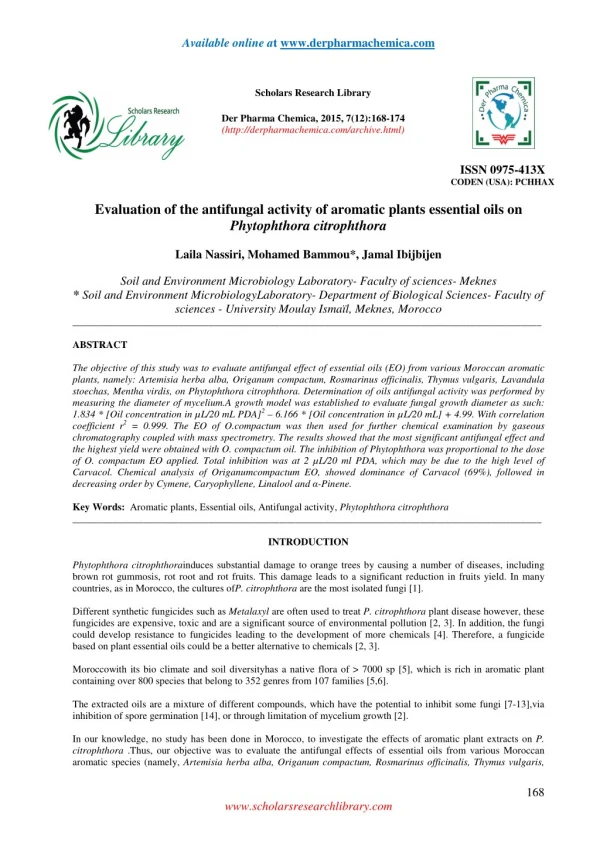 Evaluation of the antifungal activity of aromatic plants essential oils on Phytophthora citrophthora