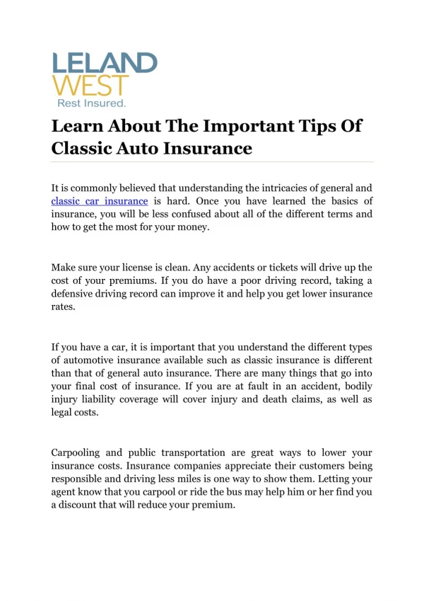 Learn About The Important Tips Of Classic Auto Insurance