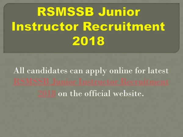 RSMSSB Junior Instructor Recruitment 2018
