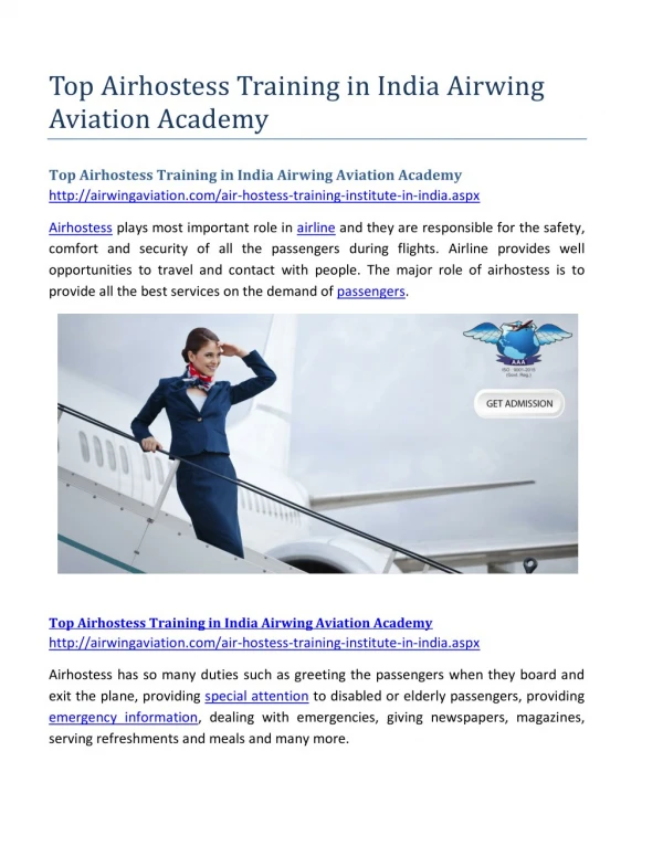 Top Airhostess Training in India Airwing Aviation Academy