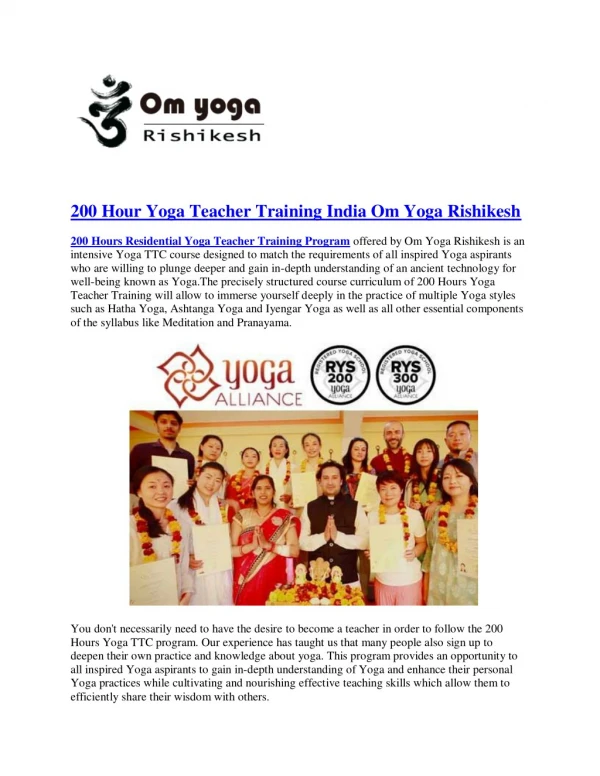 200 Hour Yoga Teacher Training course in Rishikesh India
