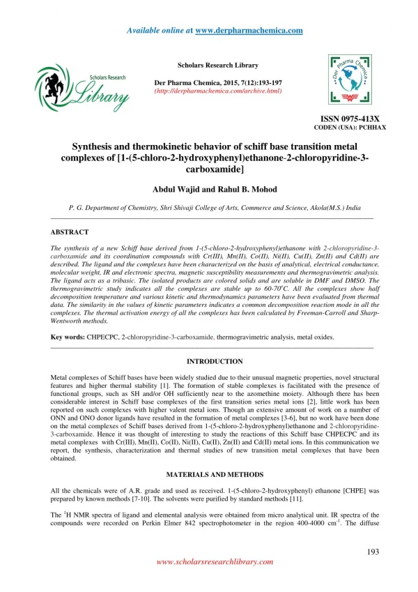 Synthesis and thermokinetic behavior of schiff base transition metal complexes of [1-(5-chloro-2-hydroxyphenyl)ethanone-