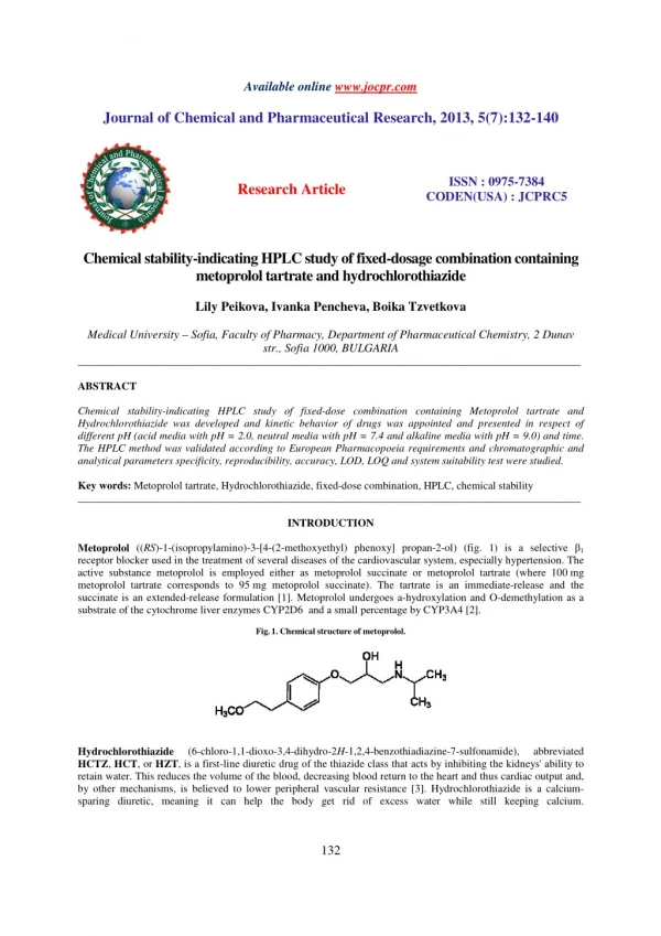 Chemical stability-indicating HPLC study of fixed-dosage combination containing metoprolol tartrate and hydrochlorothiaz