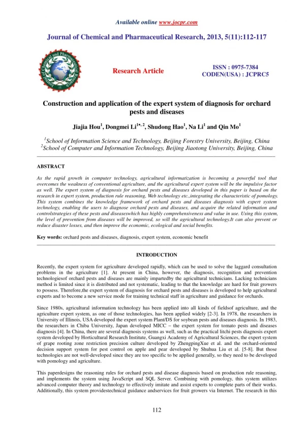 Construction and application of the expert system of diagnosis for orchard pests and diseases