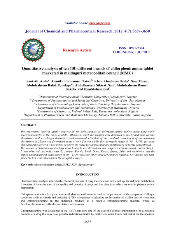 Quantitative analysis of ten (10) different brands of chllorpheniramine tablet marketed in maiduguri metropolitan counci