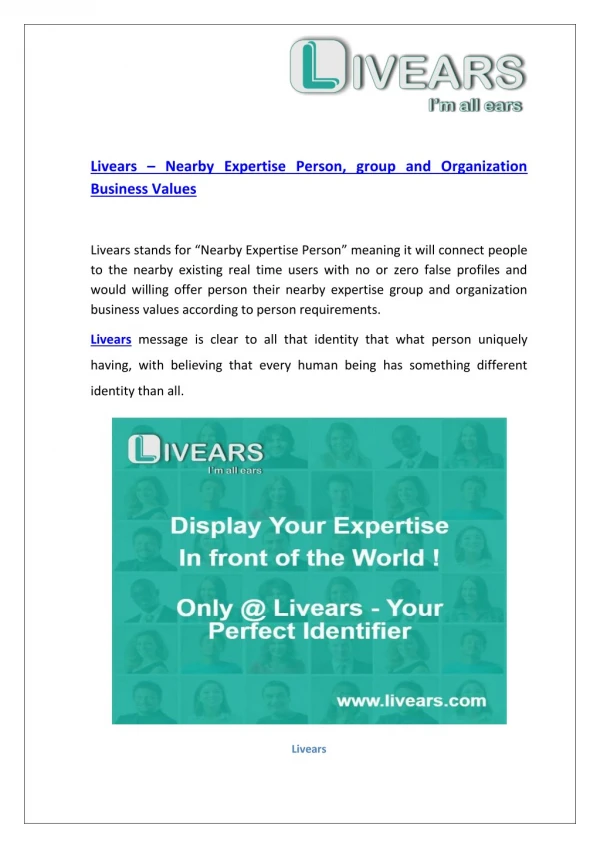 Livears â€“ Social Networks for Nearby Expertise Person, group and Organization Business Values