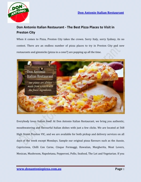Best Pizza Restaurant in Preston - Pizza Delivery Coburg, Reservoir | Don Antonio